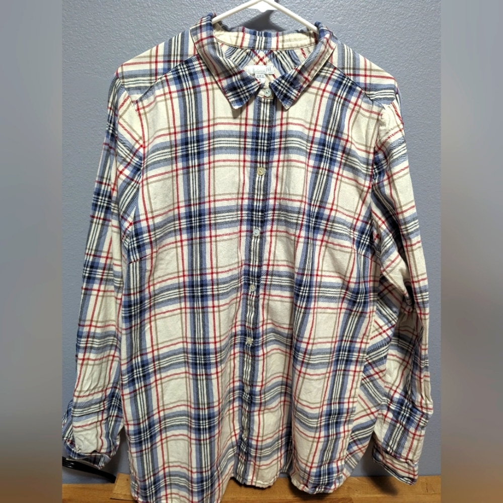 GUC JJill Plaid Cotton Tunic XL Tall Cream Blue Red